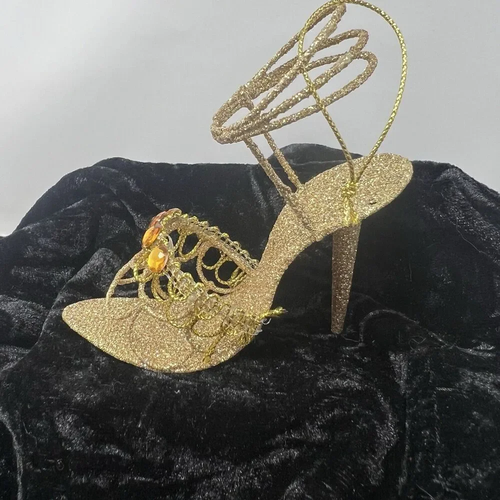 Pier 1 Stiletto Heel Gold Glitter Sandal Christmas Ornament Shoe Holiday
